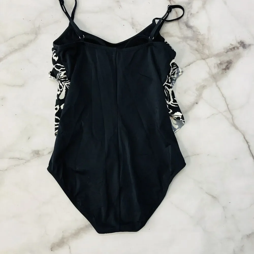 Jantzen Womens One Piece Swimsuit Size 8 Black Ruffled Tiered Floral
